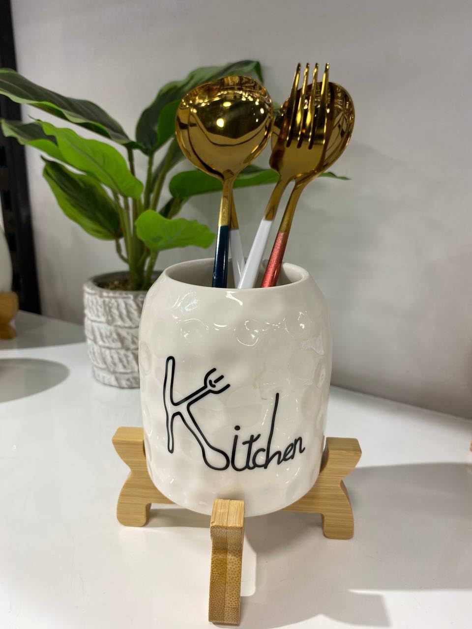 Premium Ceramic Kitchen Organizer with Wooden Stand
