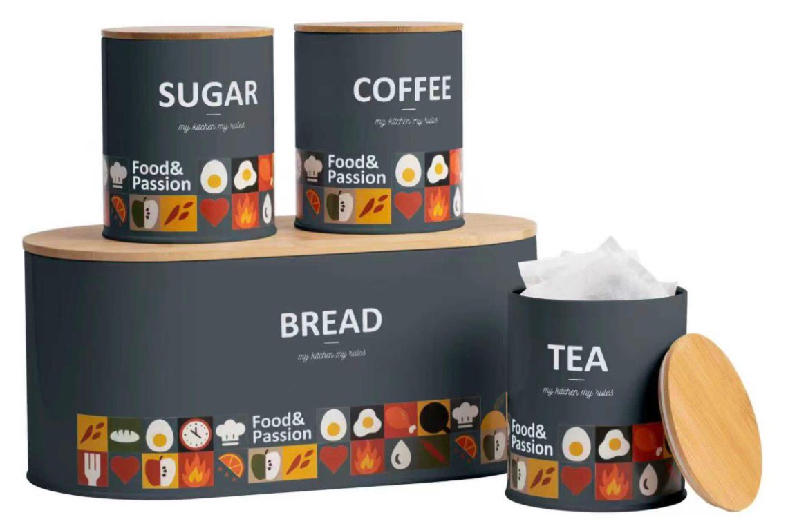 "Food & Passion" 4-Piece Kitchen Canister & Bread Box Set