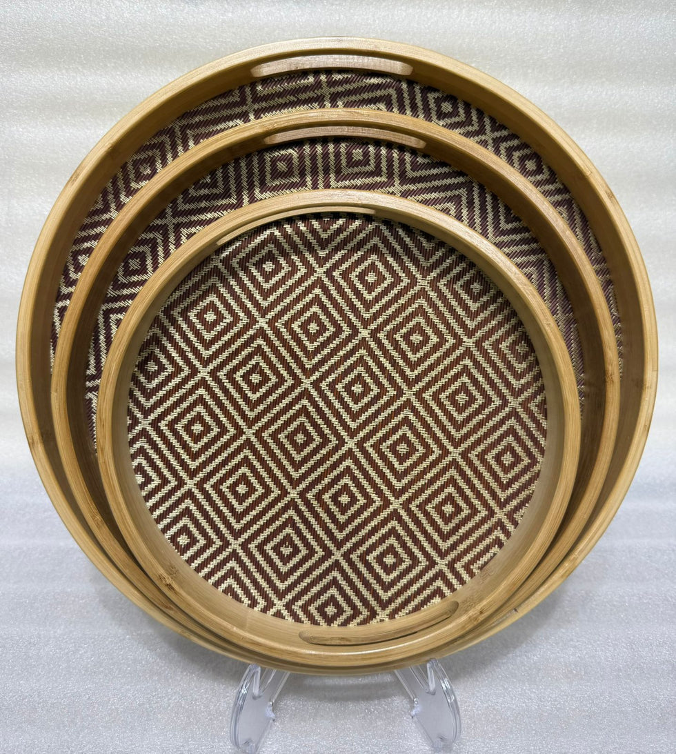 Round Bamboo Geometric Serving Tray Set – 3 Pieces