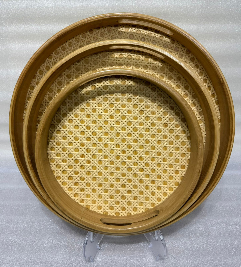 Artisanal Round Rattan & Bamboo Serving Tray Set – 3 Pieces