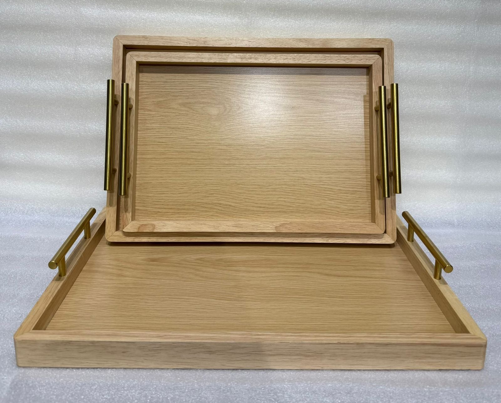 Luxury Rectangular Oak-Finish Tray Set with Gold Handles – 3 Pieces