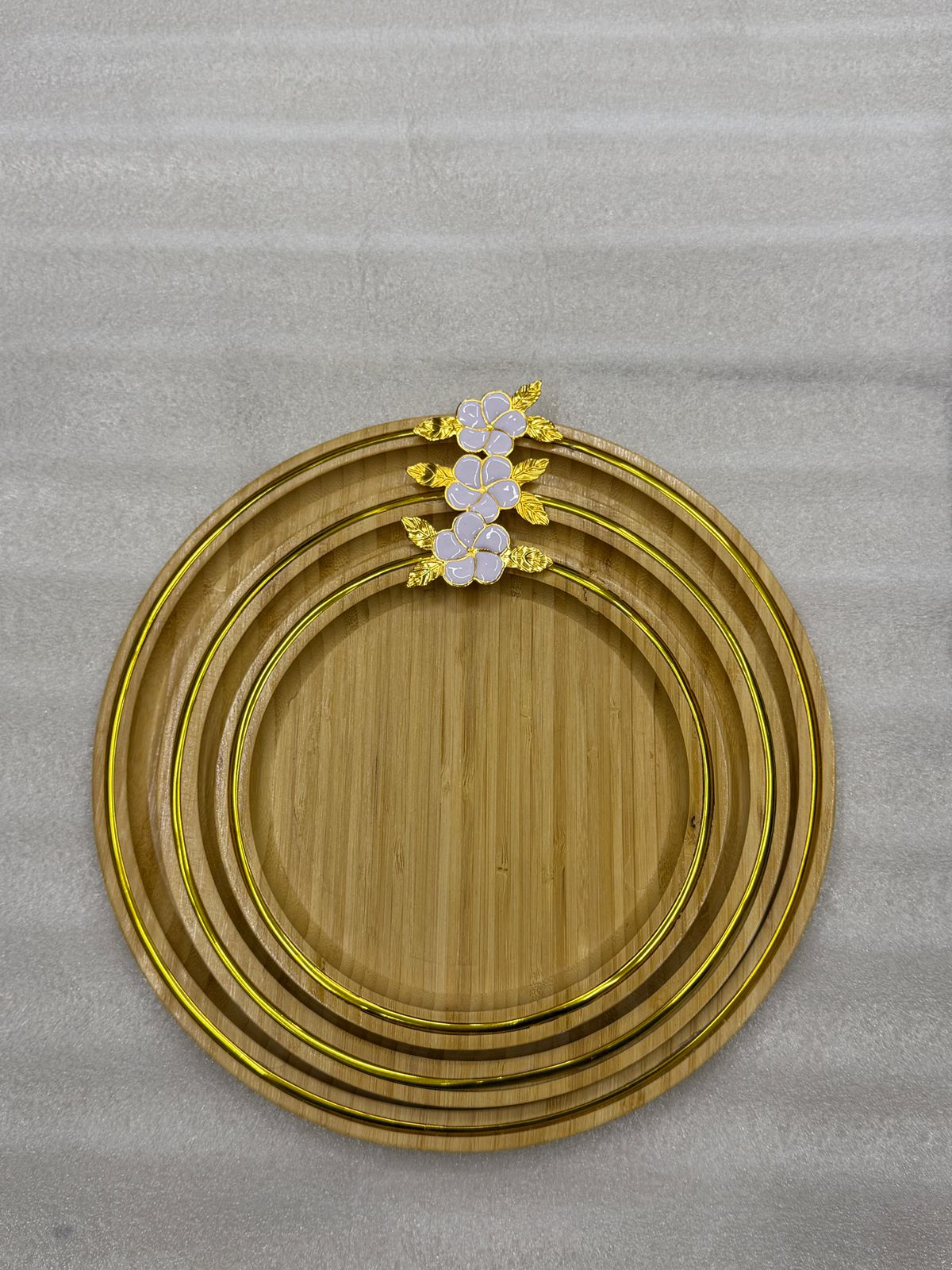 Premium 3-Piece Round Bamboo Tray Set with Floral Accents