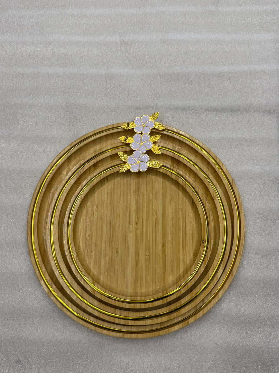Premium 3-Piece Round Bamboo Tray Set with Floral Accents