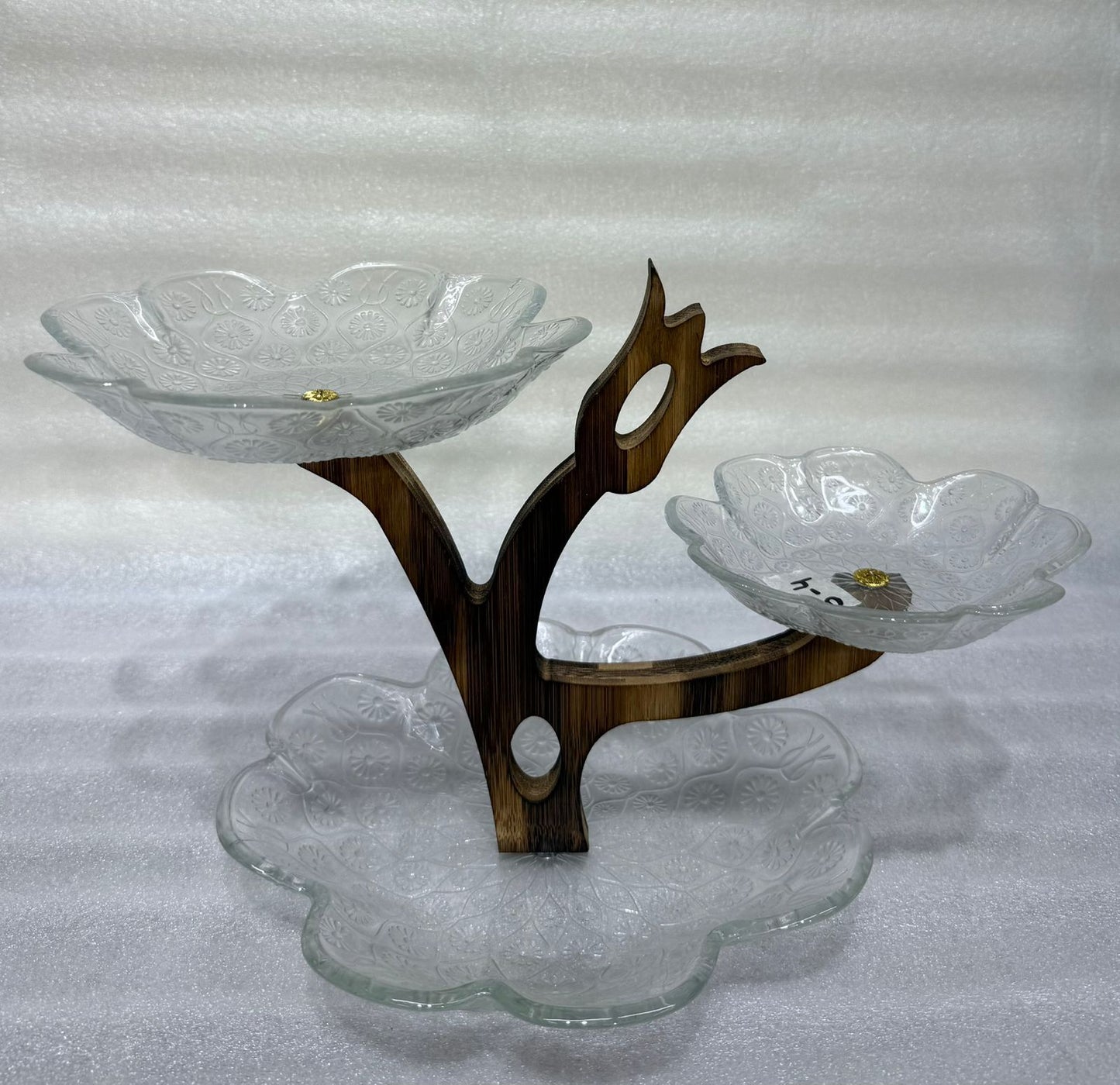 Artisan 3-Tier Glass Petal Serving Platter with Wooden Tree Stand