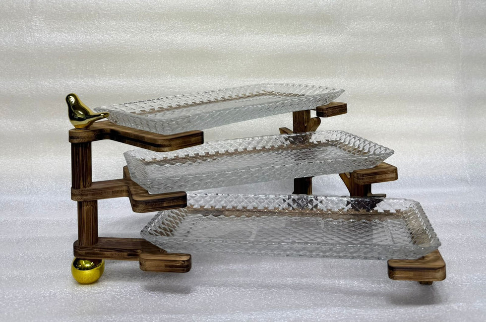 Artisan 3-Tier Crystal Glass Platter with Wooden Bird Stand