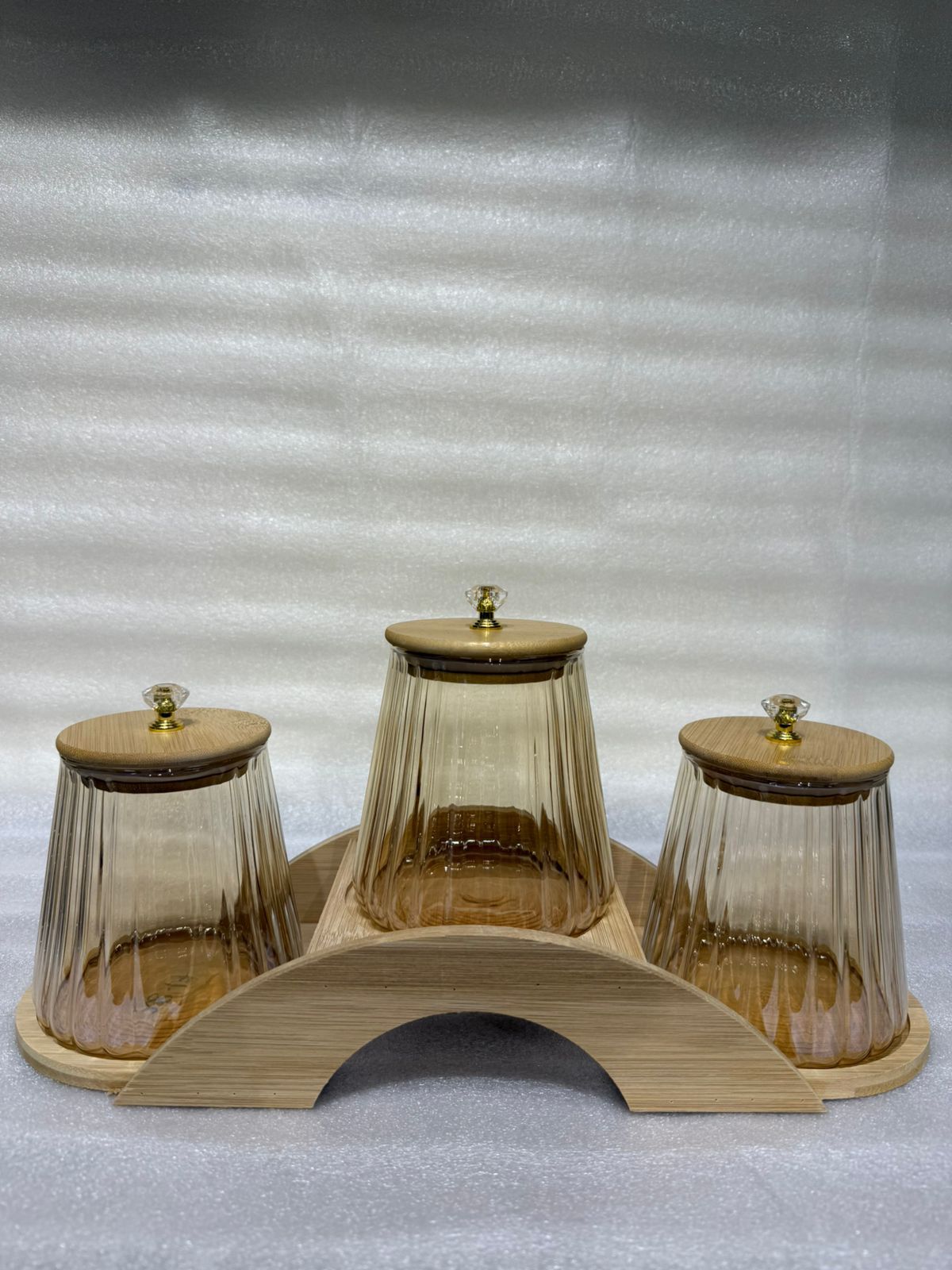 3-Piece Ribbed Amber Glass Jar Set with Bridge Bamboo Rack