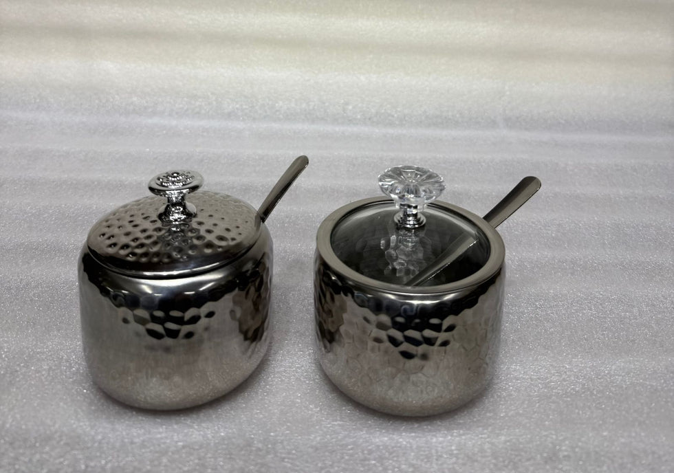 Premium Hammered Stainless Steel Sugar Pot with Spoon