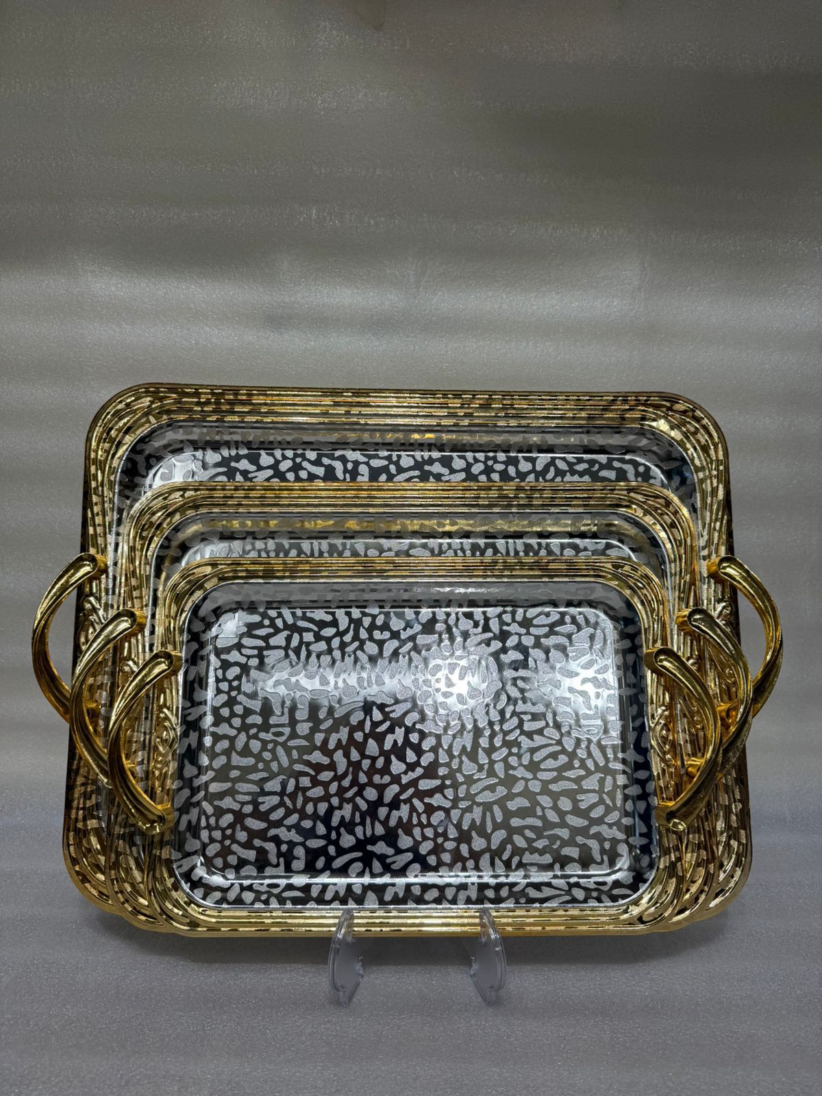 Luxury 3-Piece Leopard-Print Stainless Steel Tray Set with Ornate Golden Borders