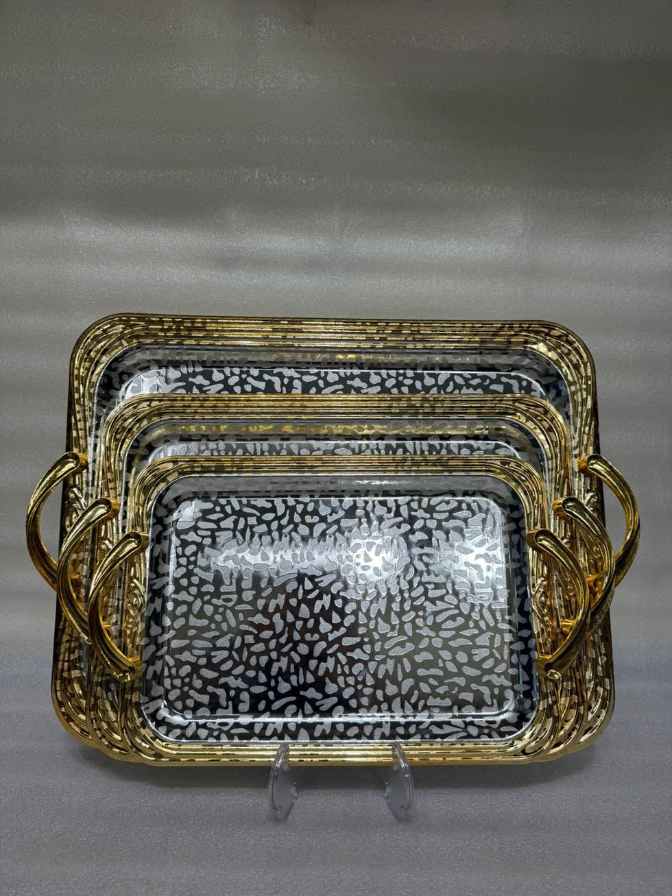 Luxury 3-Piece Leopard-Print Stainless Steel Tray Set with Ornate Golden Borders