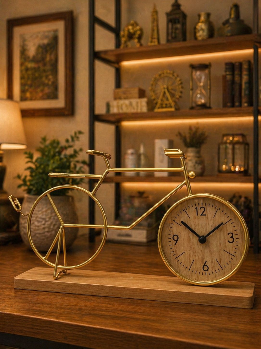 Vintage Golden Metal Bicycle Table Clock