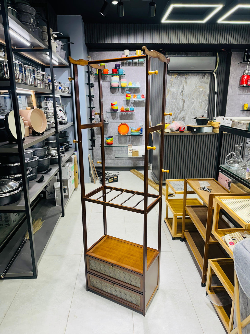 Premium Walnut Wood Standing Garment Rack with Dual Drawers