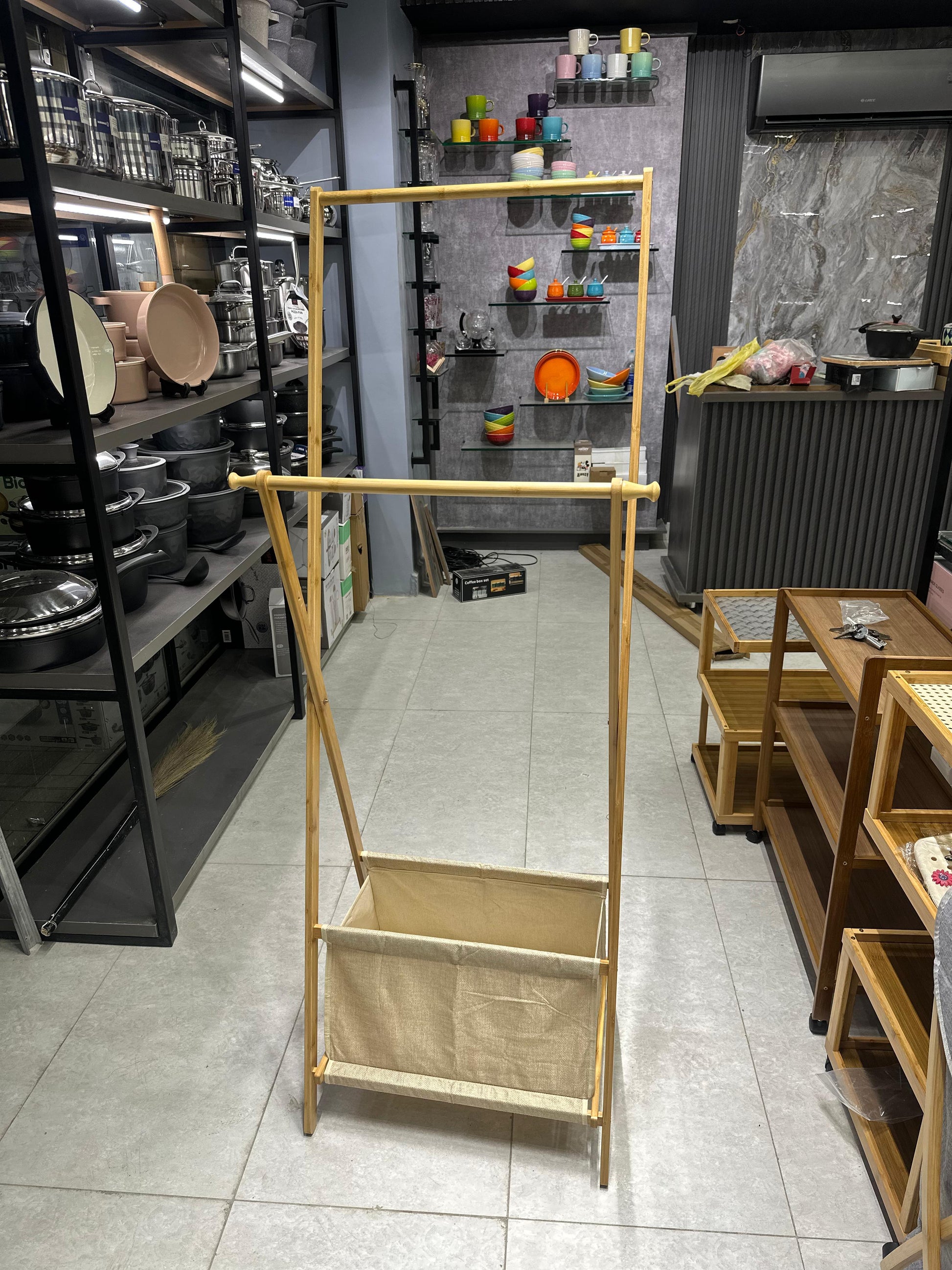 2-Tier Bamboo Standing Garment Rack with Laundry Basket