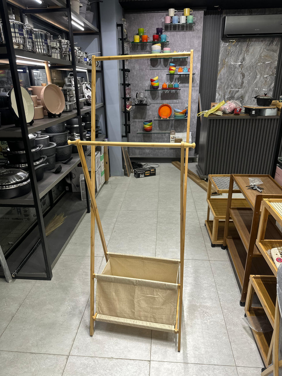 2-Tier Bamboo Standing Garment Rack with Laundry Basket