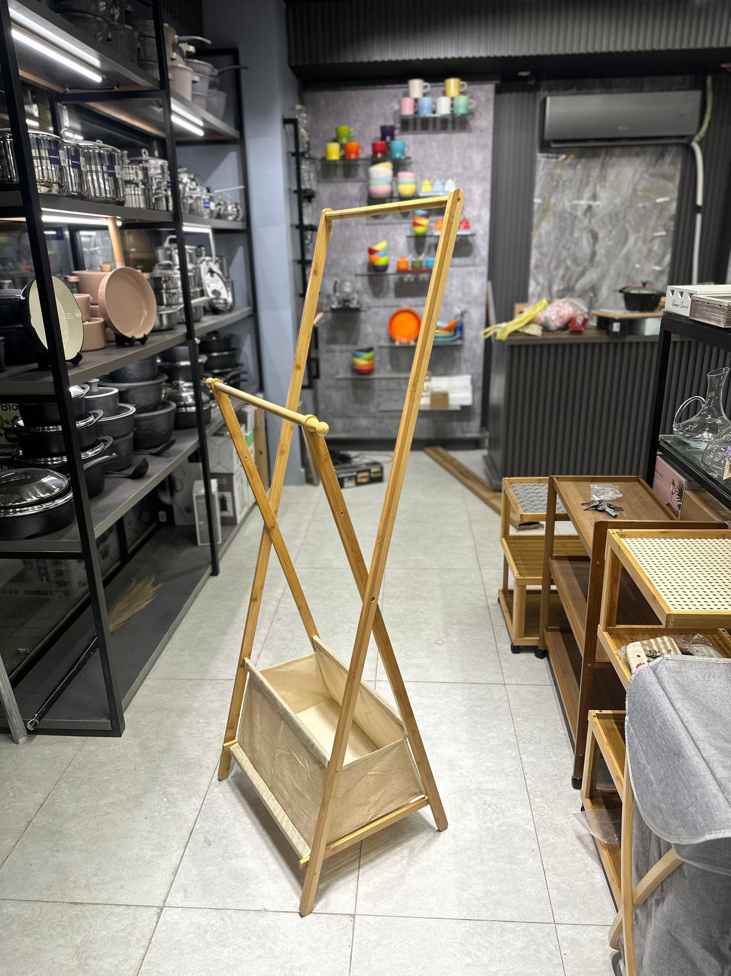 2-Tier Bamboo Standing Garment Rack with Laundry Basket
