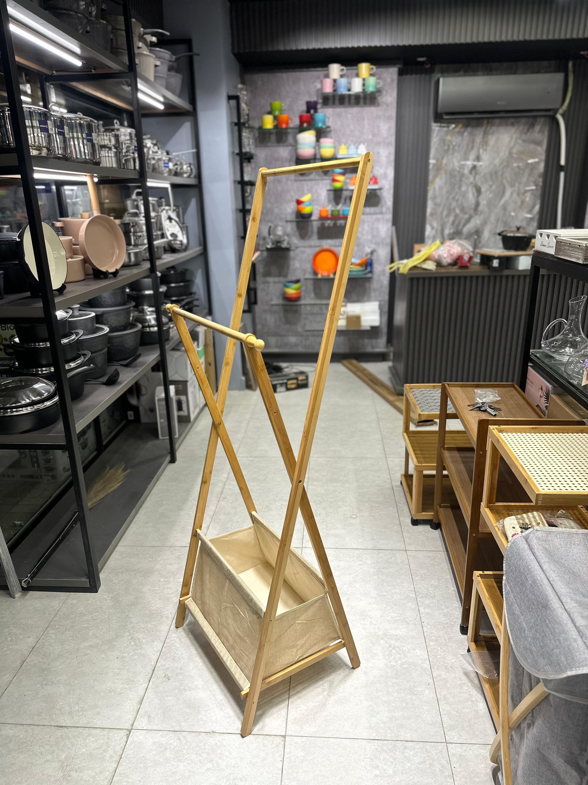 2-Tier Bamboo Standing Garment Rack with Laundry Basket
