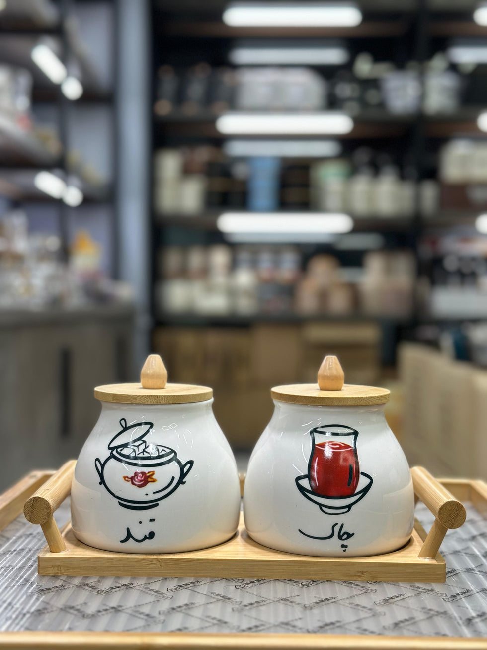 Chai & Qand Artisanal 2-Piece Ceramic Jar Set with Wooden Tray
