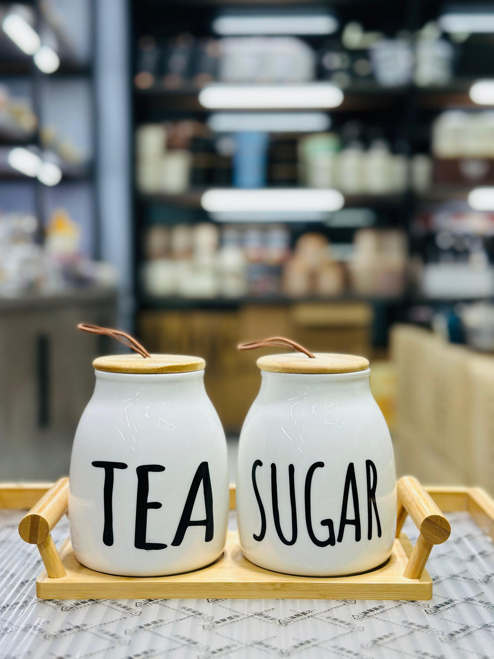 Modern Nordic Tea & Sugar 2-Piece Ceramic Jar Set with Wooden Tray
