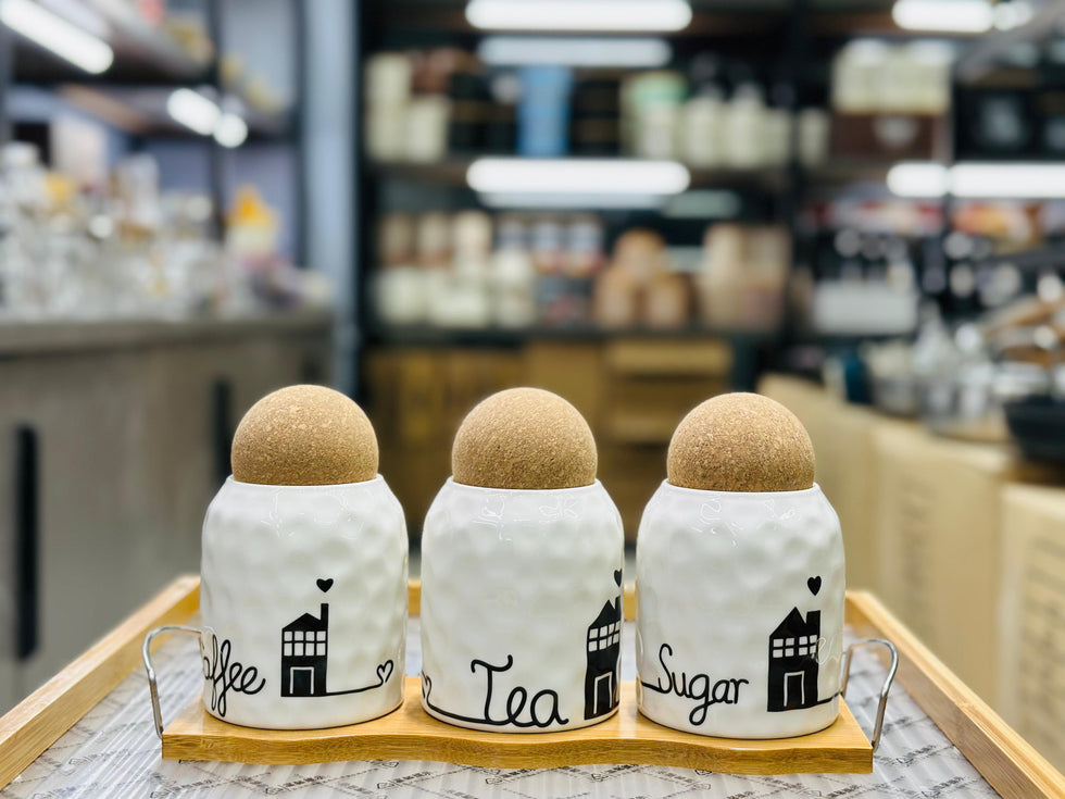 Artisanal Hammered 3-Piece Tea, Coffee & Sugar Jar Set with Cork Lids