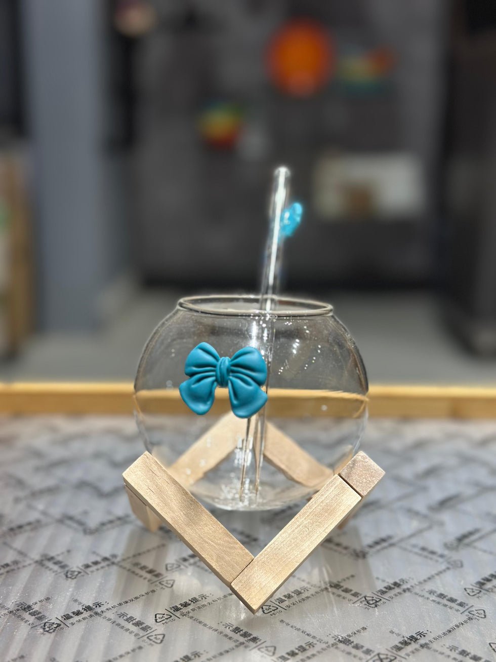 Lunar Bow Glass with Geometric Wooden Stand