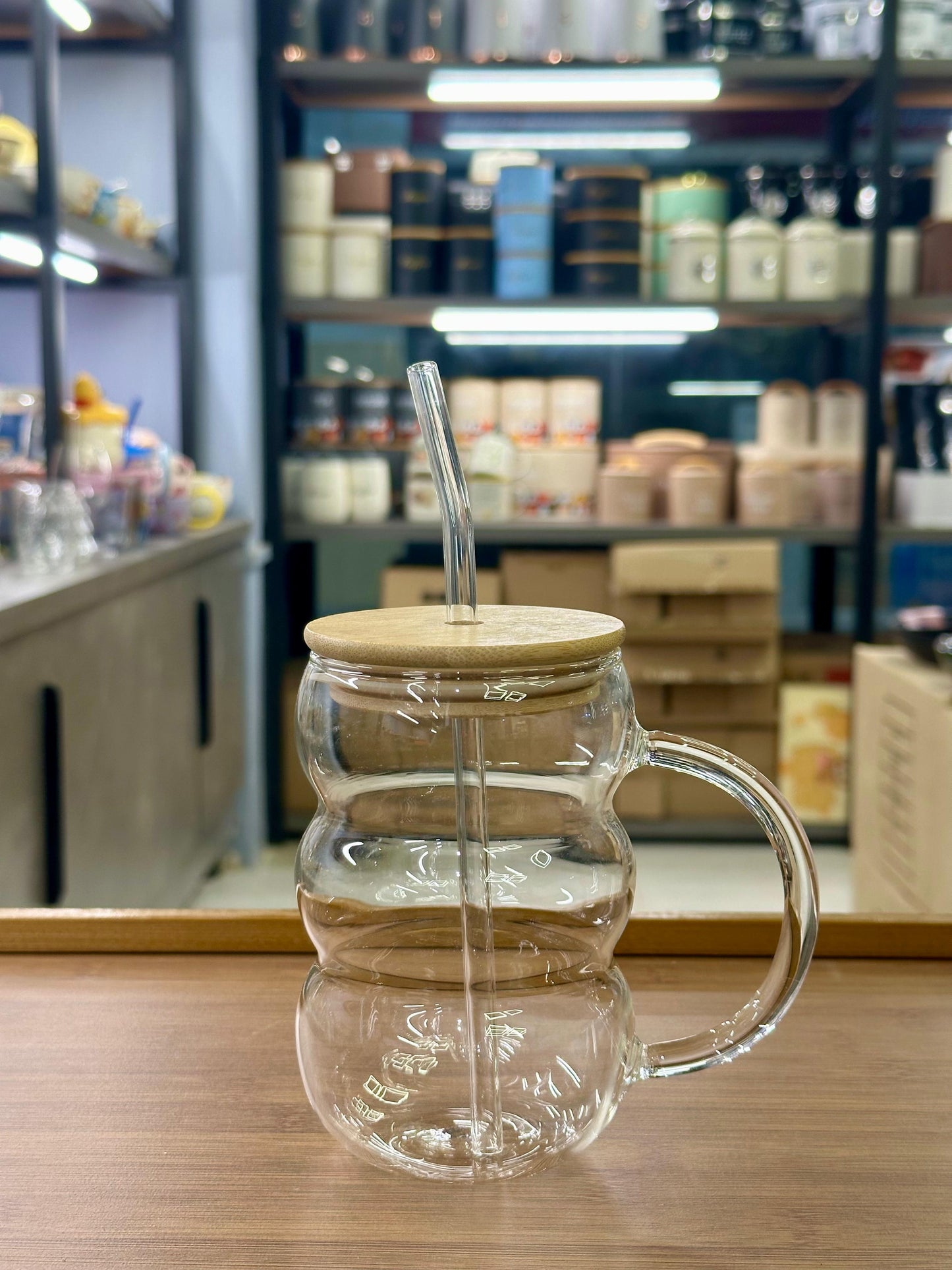 Aesthetic "Bubble" Glass Iced Tea Mug with Bamboo Lid & Straw