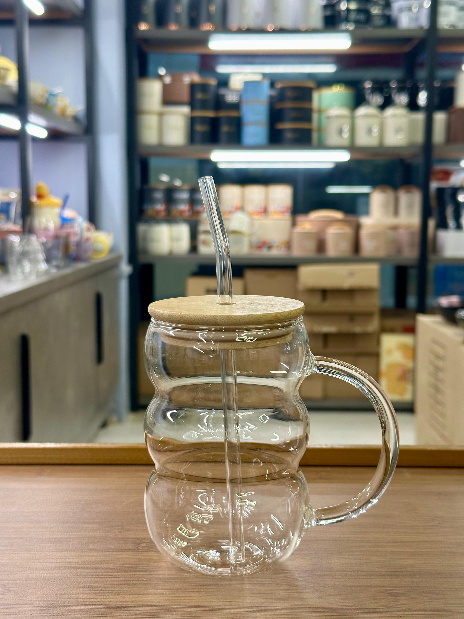 Aesthetic "Bubble" Glass Iced Tea Mug with Bamboo Lid & Straw
