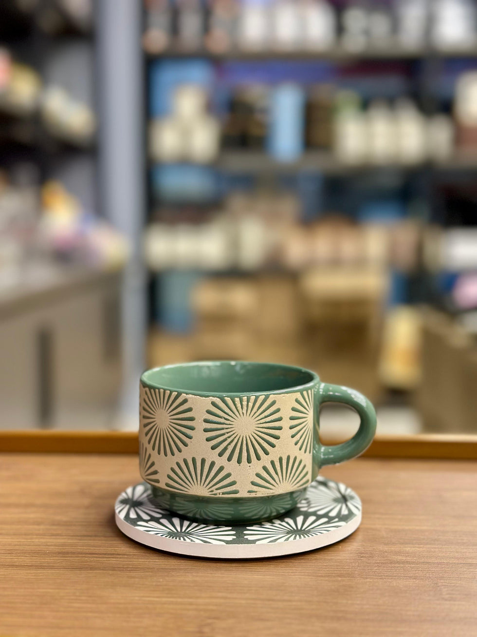 Danny Home 6-Piece Ceramic Cup & Saucer Set – Sage Sunburst