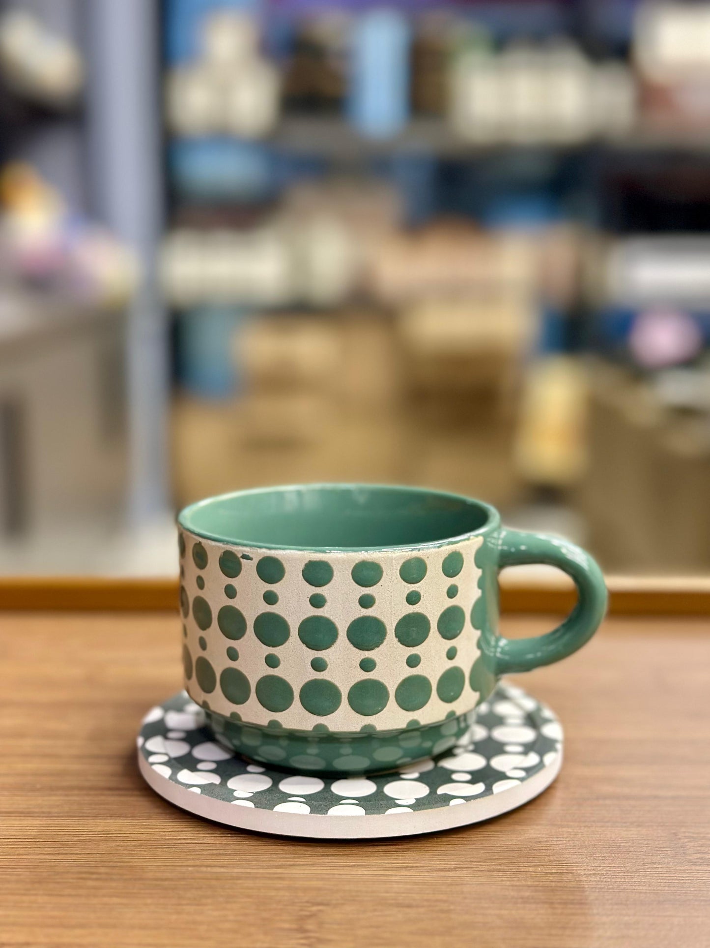 Danny Home 6-Piece Ceramic Cup & Saucer Set – Sage Polka Dot
