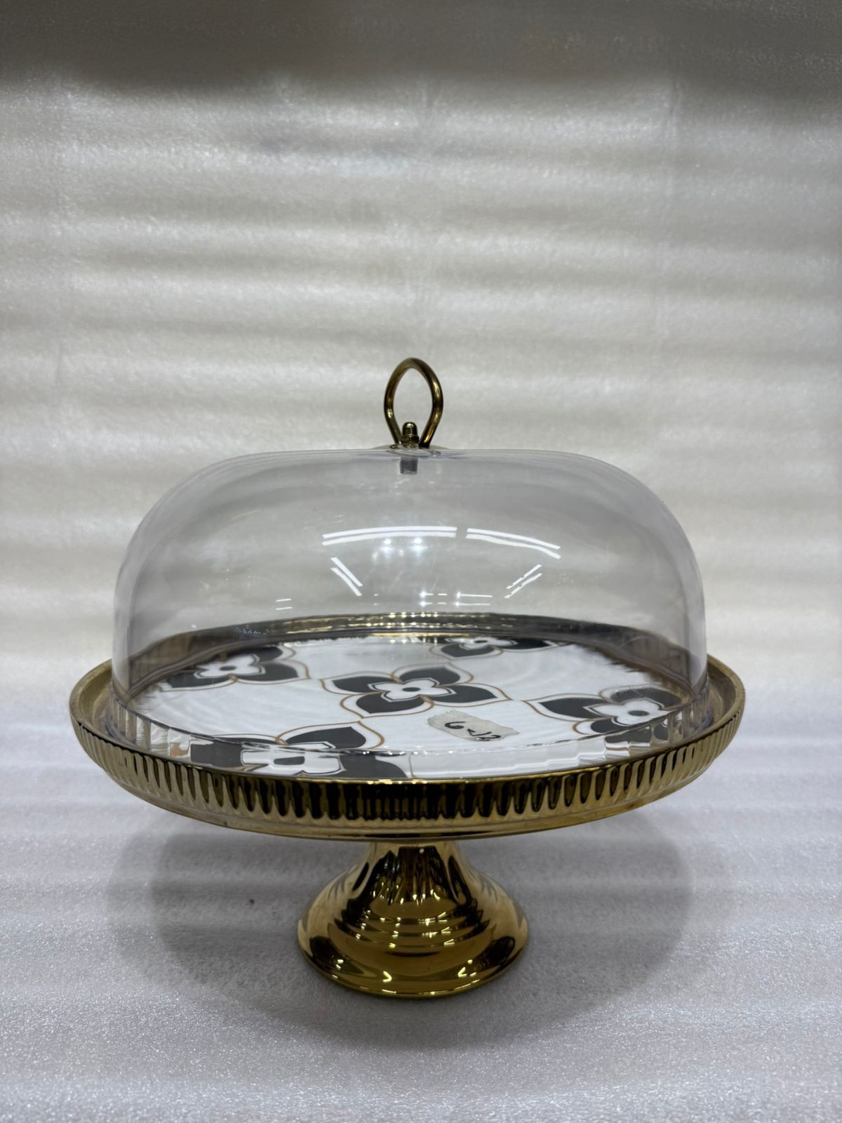 Royal Floral-Print Golden Ceramic Cake Stand with Glass Cloche
