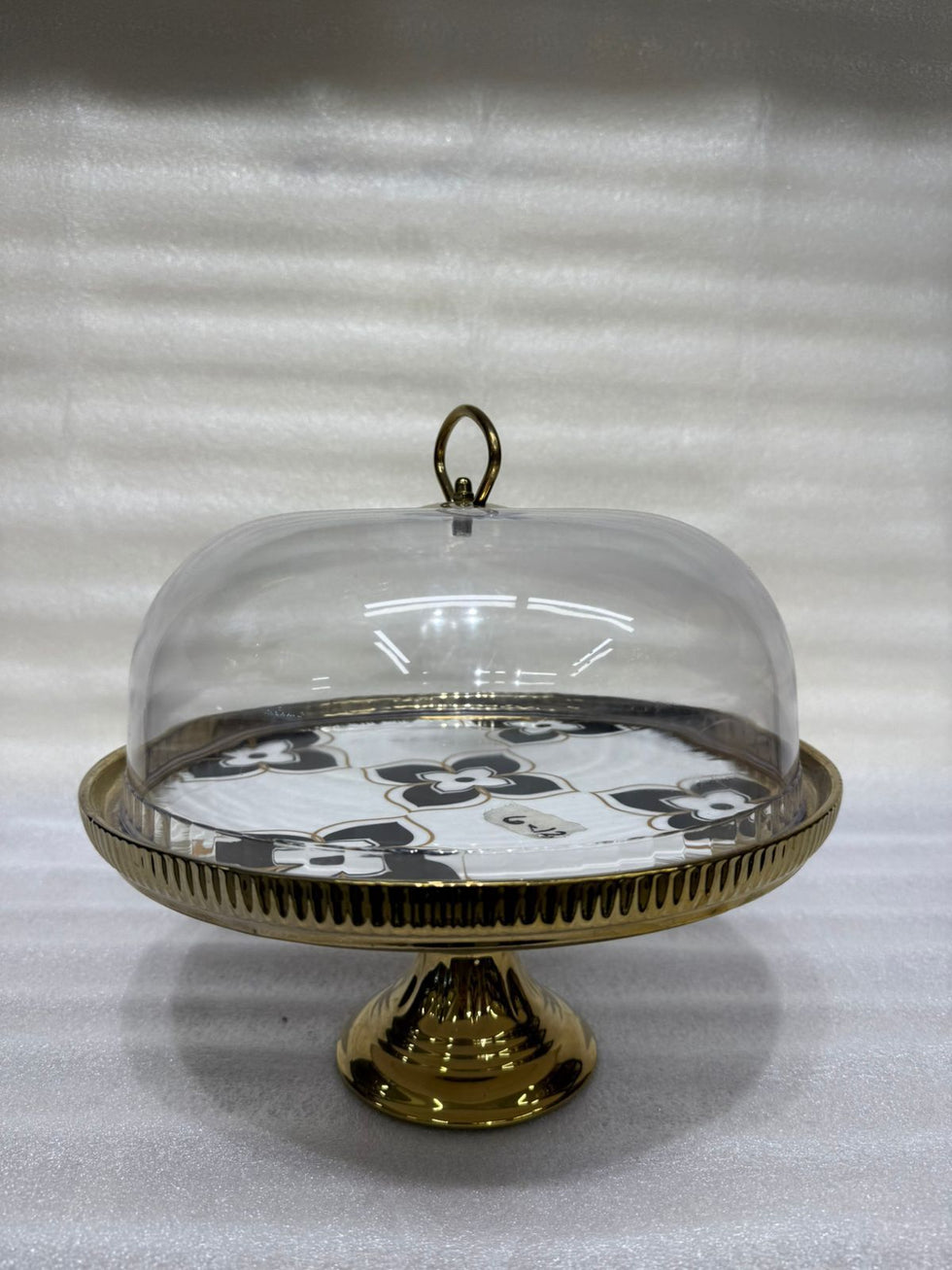 Royal Floral-Print Golden Ceramic Cake Stand with Glass Cloche