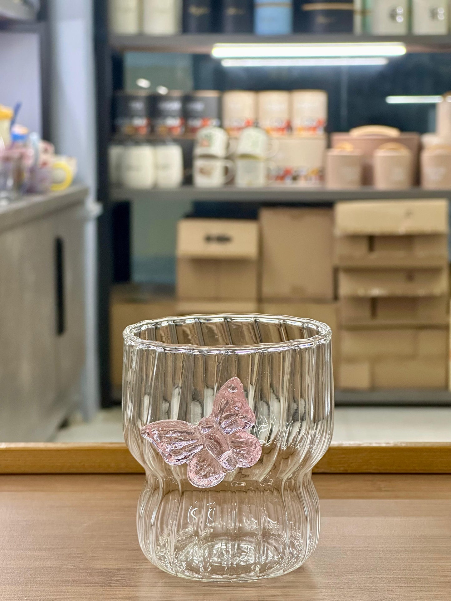 Enchanted Butterfly Ribbed Borosilicate Glass Cup