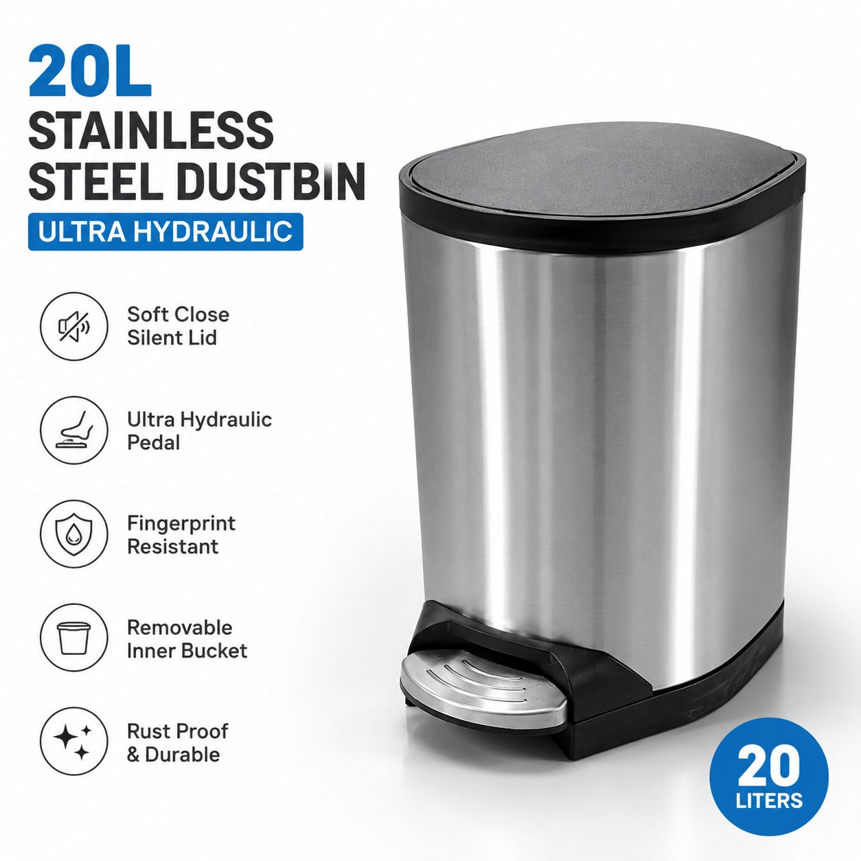 Ultra Hydraulic 20L Stainless Steel Pedal Dustbin