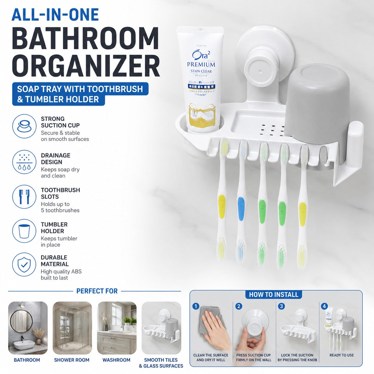 3-in-1 All-in-One Bathroom Organizer – Powerful Suction Cup Mount