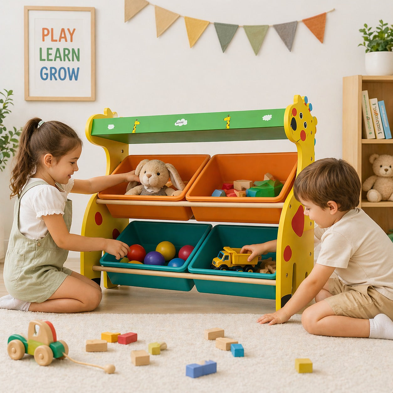 Cheerful Giraffe 2-Tier Kids' Toy Storage Organizer with 4 Bins