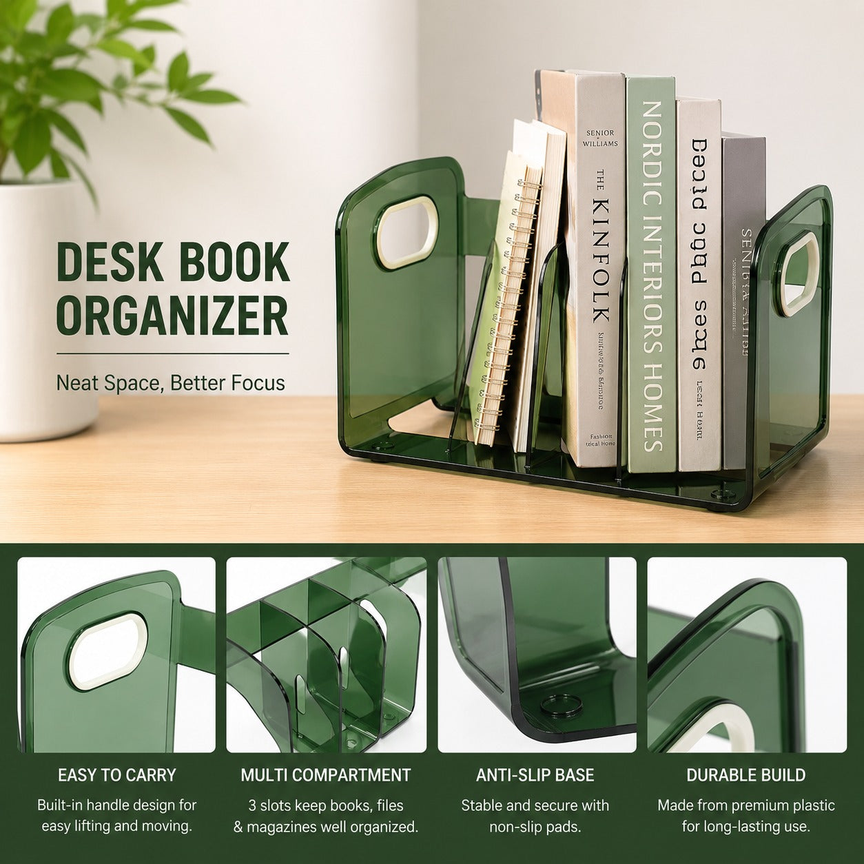 Modern 3-Slot Acrylic Desk Book Organizer