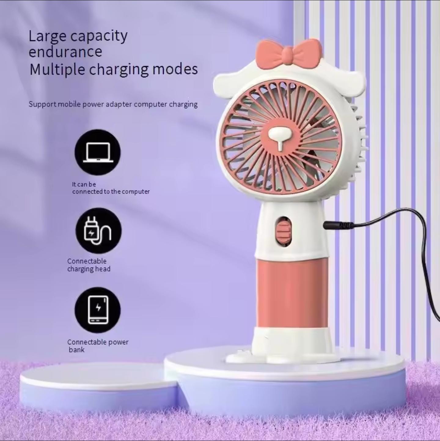 Mini Handheld Cute Fan with Dual-Function Mobile Stand Base (Random Color)