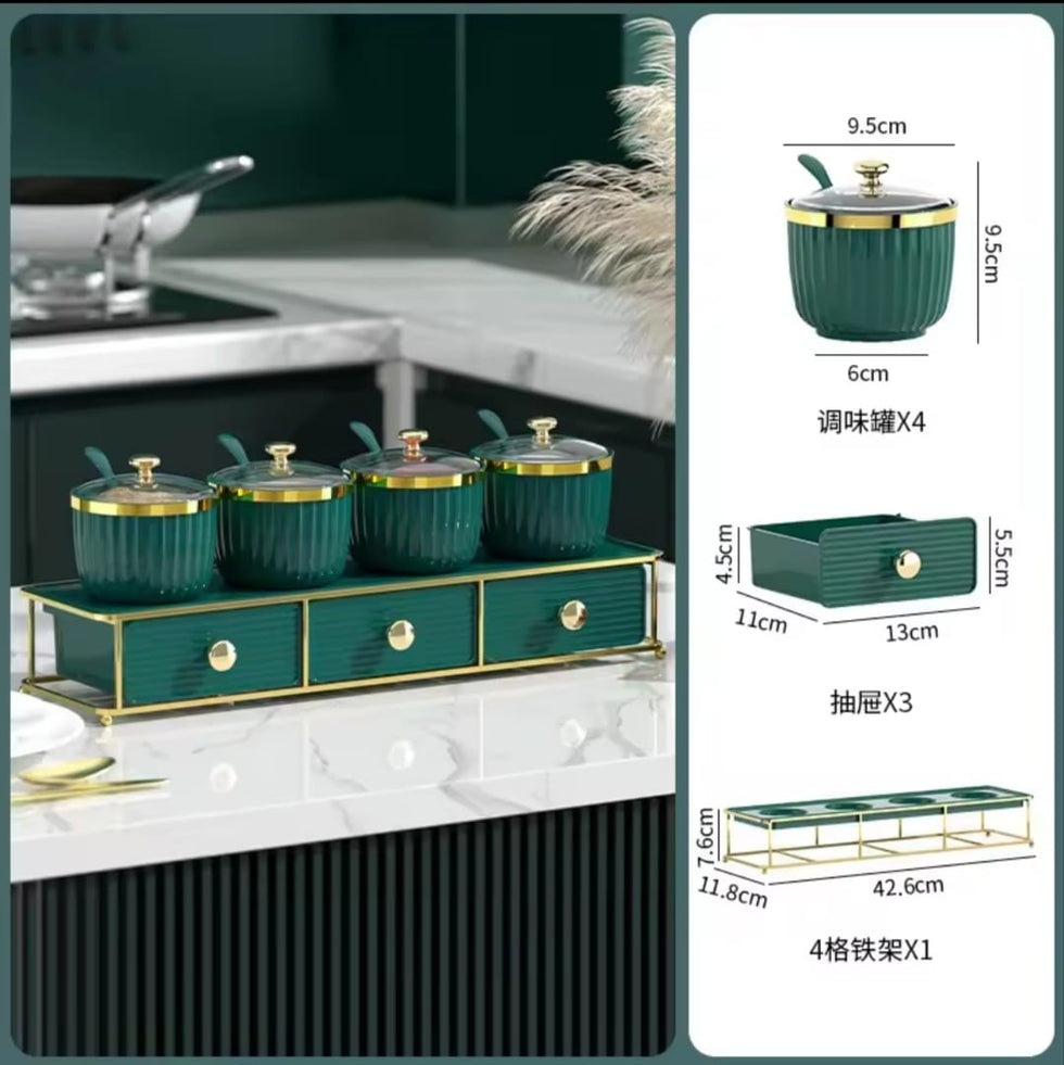 Luxury 2-Tier Spice Jar Set with Radiant Golden Metal Stand