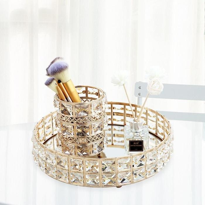Luxury Crystal Ice Gold Mirrored Vanity Tray (12x12 Inches)