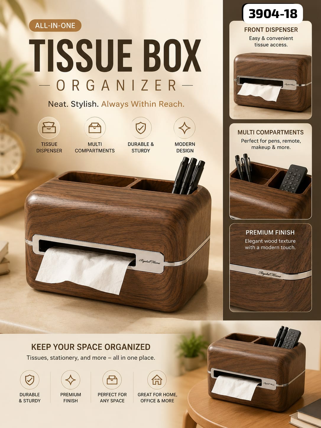 Executive Desktop Caddy – Premium Wood-Finish All-in-One Tissue Box Organizer