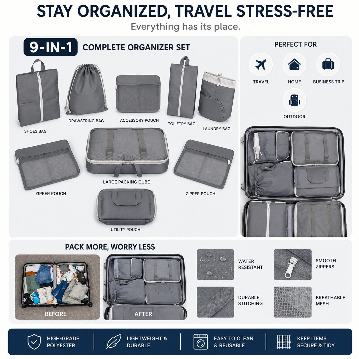 9pc Travel Packing Cubes - Ultimate Luggage Organizer Set