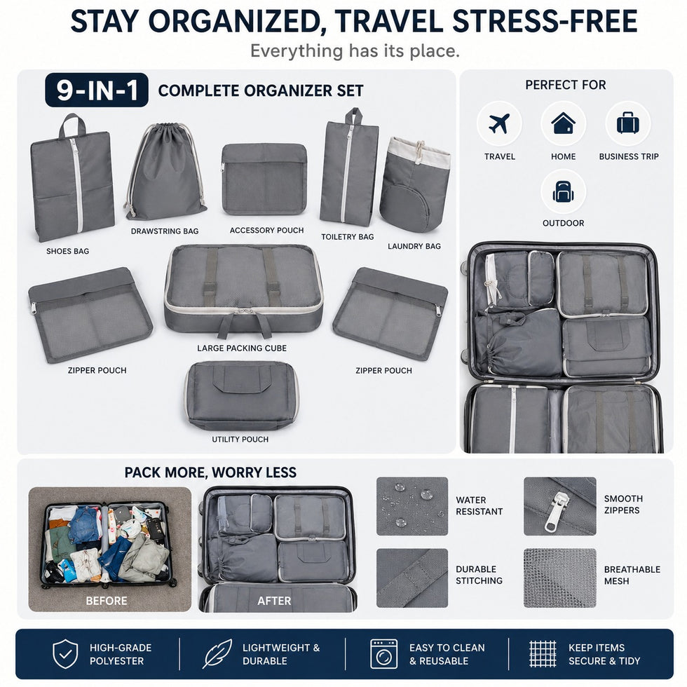 9pc Travel Packing Cubes - Ultimate Luggage Organizer Set