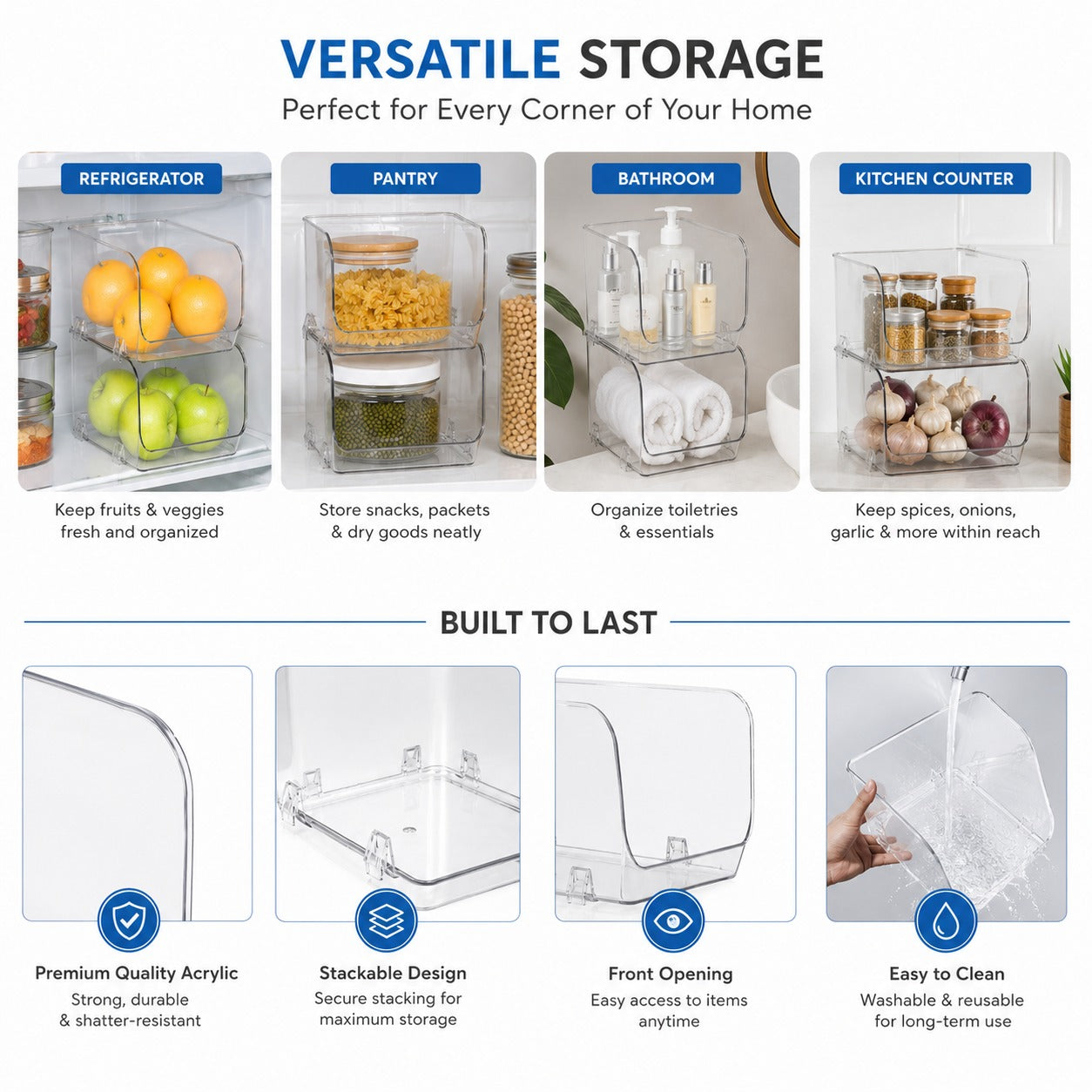 Acrylic Fridge Storage Basket - Stackable Clear Organizer