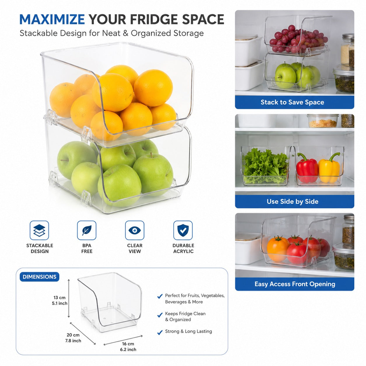 Acrylic Fridge Storage Basket - Stackable Clear Organizer
