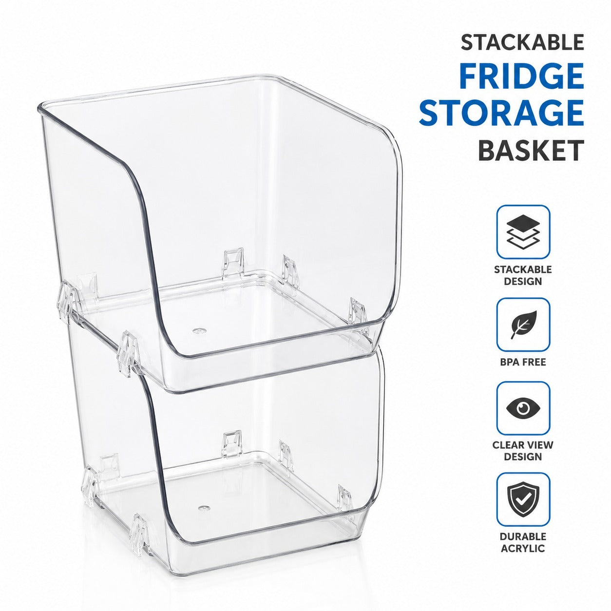 Acrylic Fridge Storage Basket - Stackable Clear Organizer