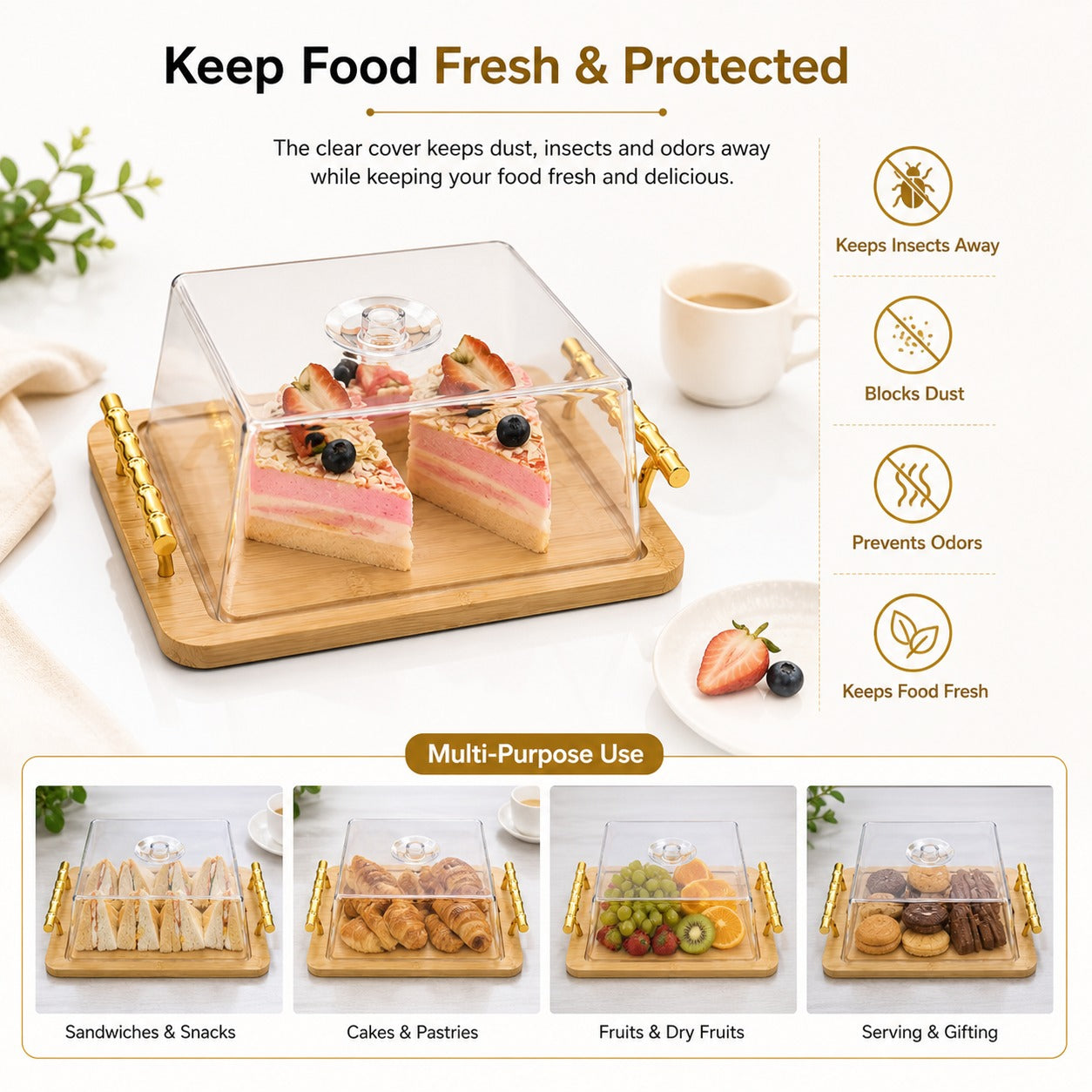 Square Wooden Cake Stand with Acrylic Dome & Gold Handle