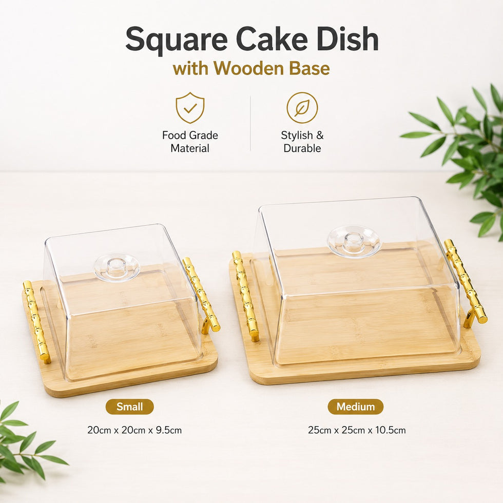 Square Wooden Cake Stand with Acrylic Dome & Gold Handle