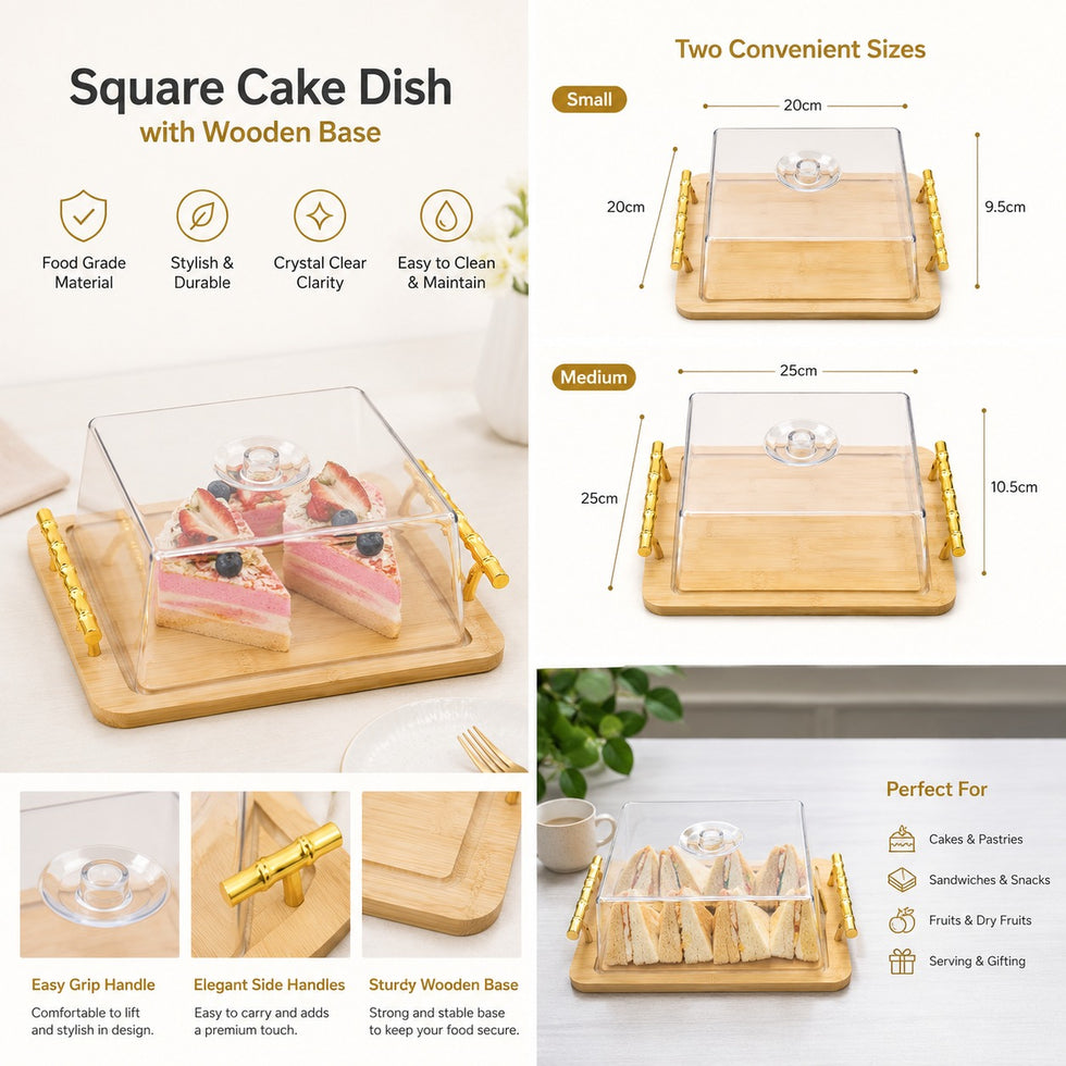 Square Wooden Cake Stand with Acrylic Dome & Gold Handle