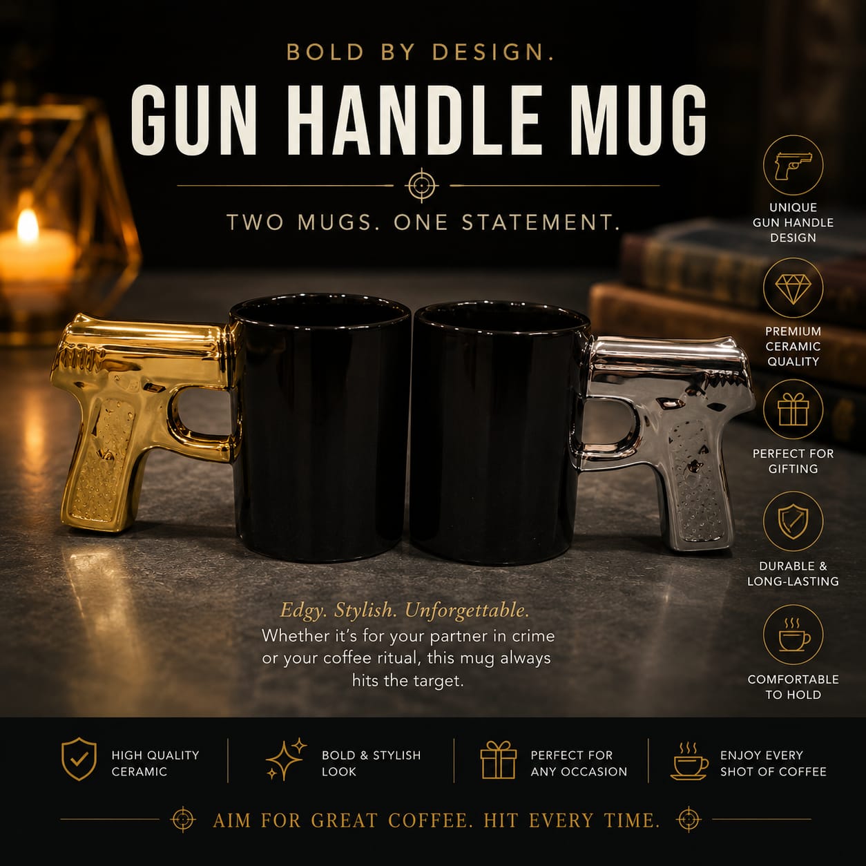 Ceramic Gun Mug with Metallic Pistol Grip Handle