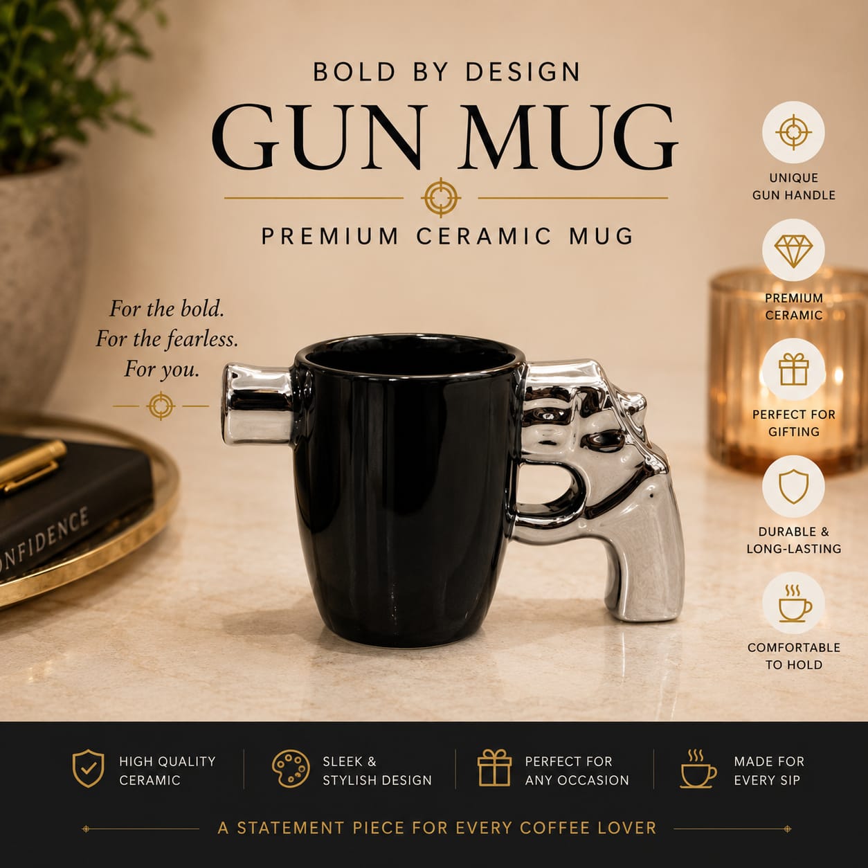 Ceramic Revolver Mug with Metallic Pistol Grip Handle