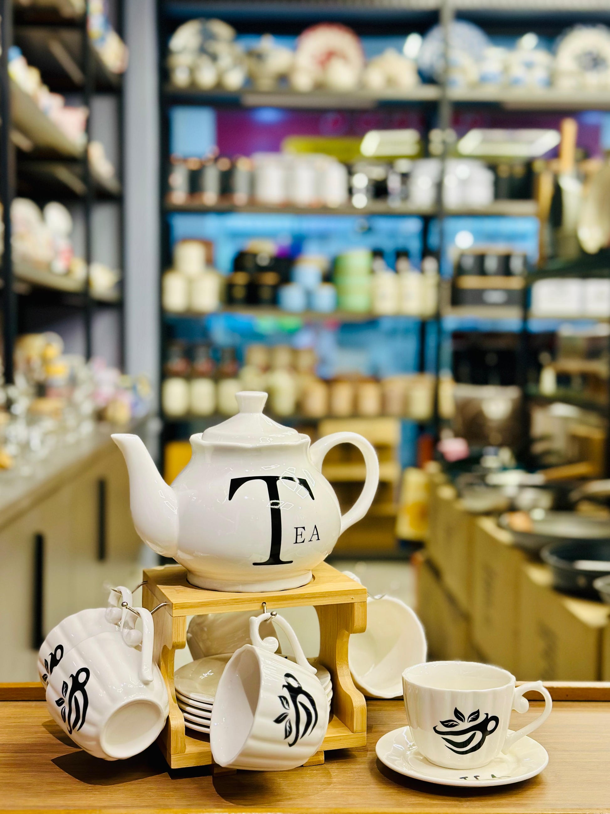 5-Piece Ceramic Tea Set with Wooden Organizer