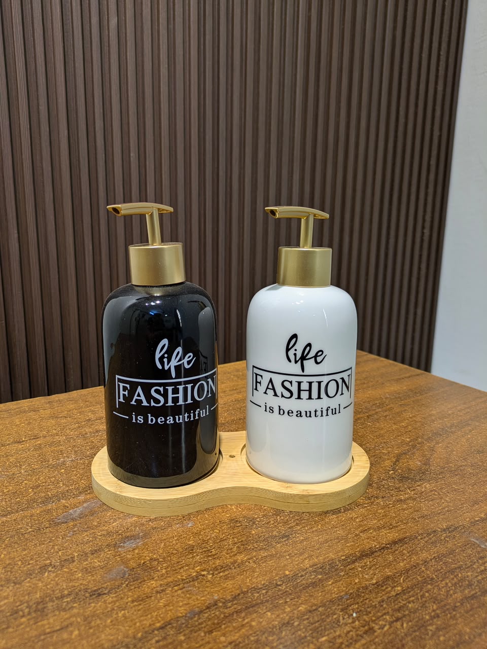 Modern Ceramic Soap Dispenser Set with Wooden Base Tray